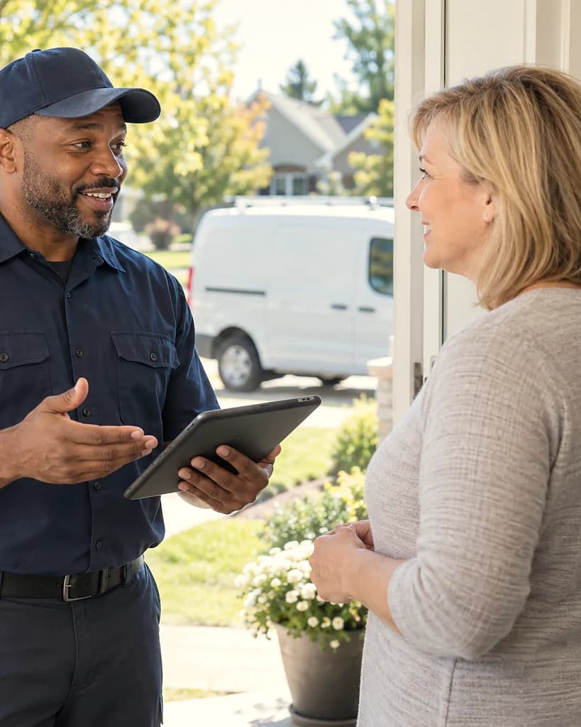 A service tech with a tablet talking with a homeowner at her front door.