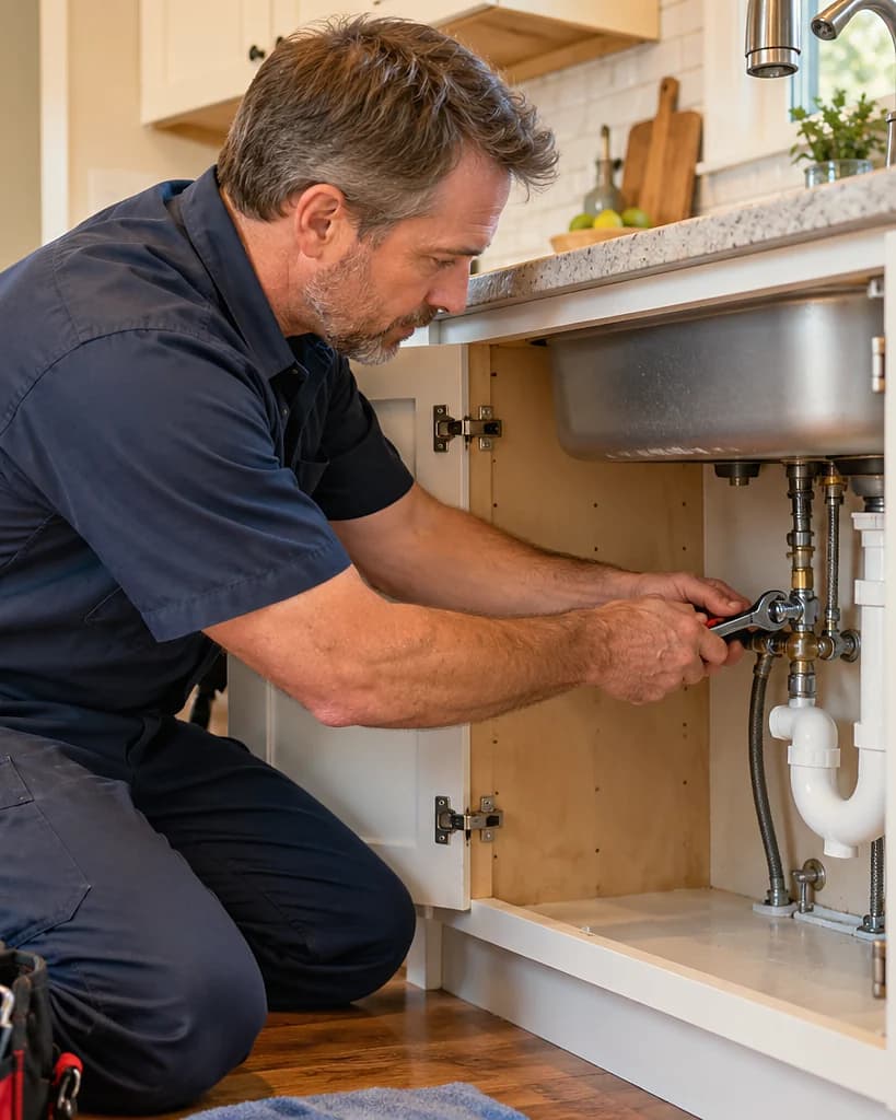 A plumber with a wrench under a kitchen sink.