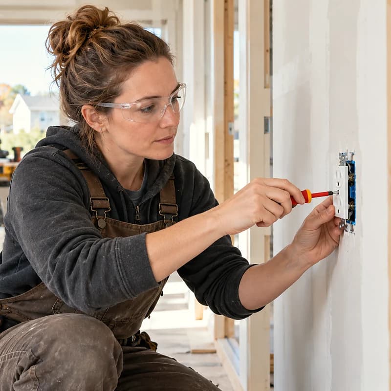 A woman electrician wiring an outlet.