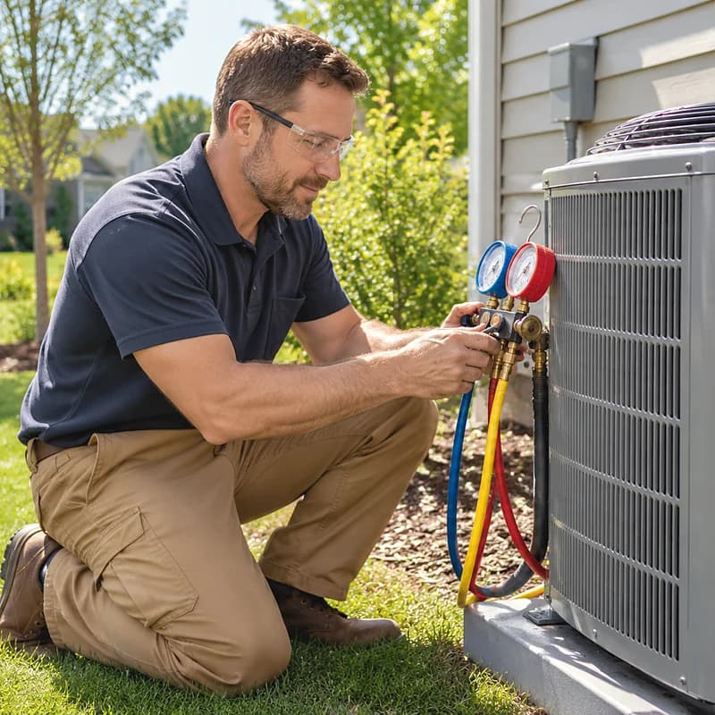 A technician with gauges at an outdoor condenser.