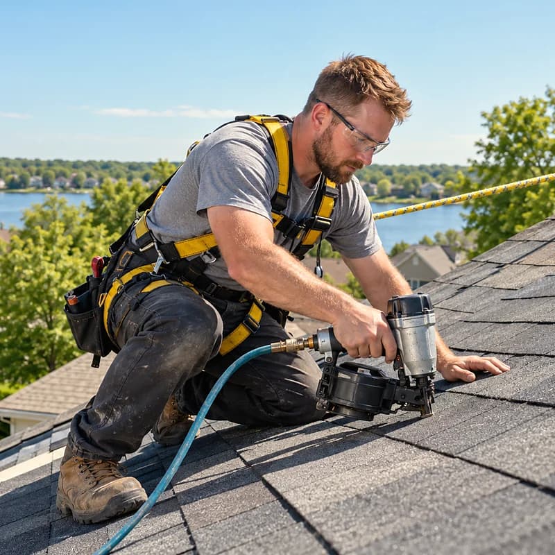 A roofer nailing shingles on a roof.